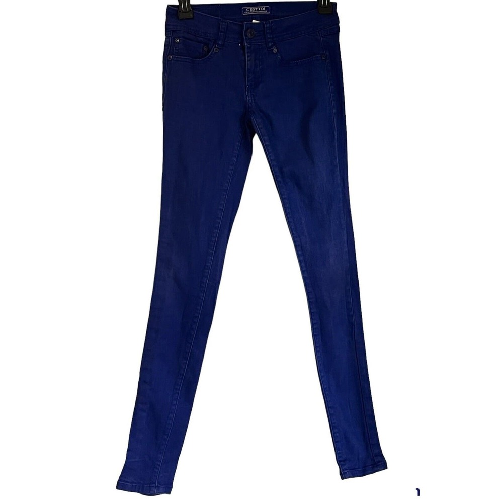 C'ESTTOI Stretch Skinny Leg Blue Junior Women Belted Patch Logo Jeans SIZE 0